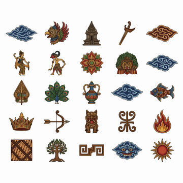 Set of traditional Indonesian Javanese cultural icons and symbols.