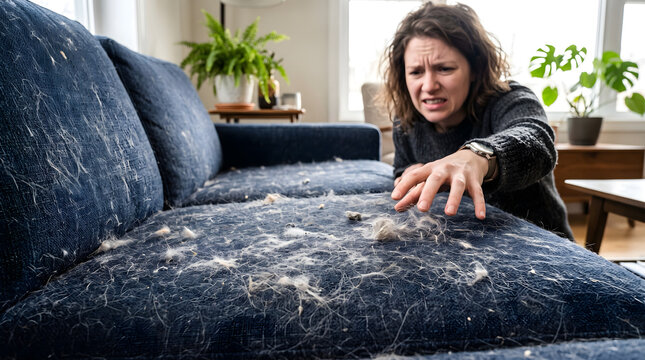 Woman looking disgusted at pet hair on blue sofa