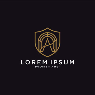 Professional golden shield logo design featuring letter a and arch structure
