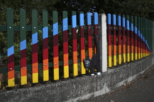 Colourfully painted garden fence with cat, Stuttgart, Baden-W&uuml;rttemberg, Germany