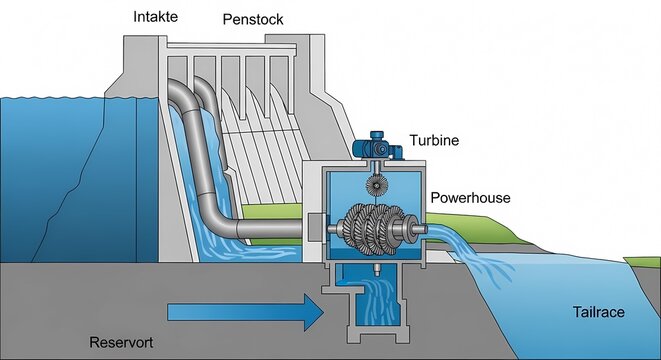 Cross-section diagram of a hydroelectric power plant system including reservoir, intake, penstock, turbine, powerhouse, and tailrace components for renewable energy education.