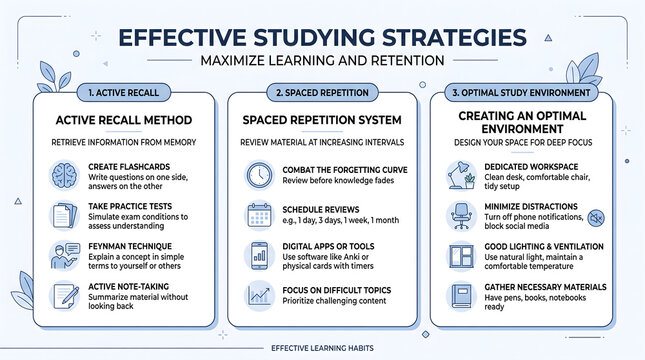 Effective studying strategies infographic with tips for learning and retention