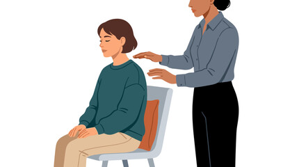 Obraz premium Professional healer performing reiki energy therapy on a relaxed woman sitting in a chair for spiritual wellness