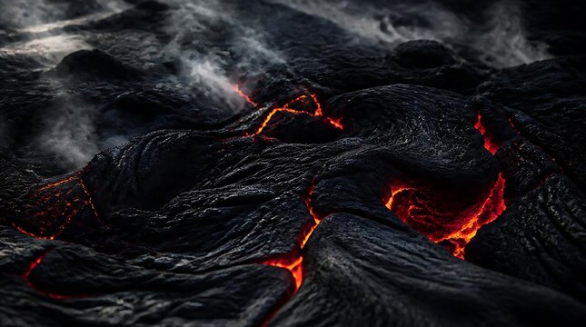 Glowing molten lava flowing across dark volcanic rock terrain.