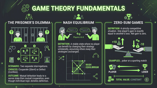 Educational infographic explaining game theory fundamentals and concepts
