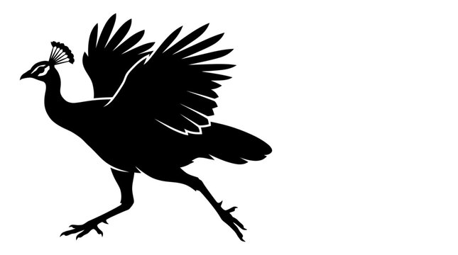 Black and white vector illustration of a running peacock with wings spread, isolated silhouette design