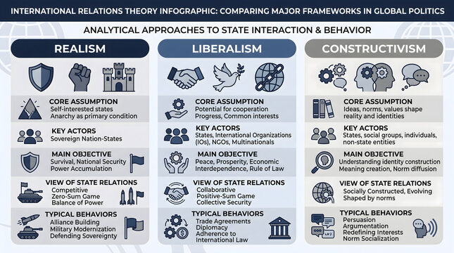 International relations theory infographic comparing realism liberalism and constructivism