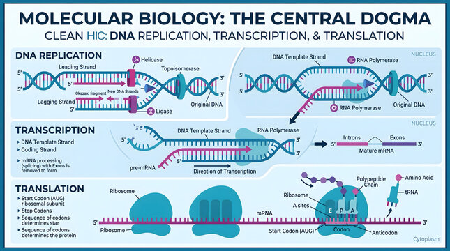 Molecular biology central dogma infographic illustrating dna replication transcription and translation