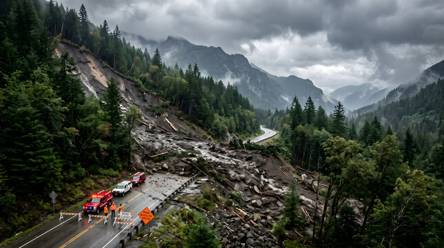 Road closed due to a massive landslide blocking a mountain highway