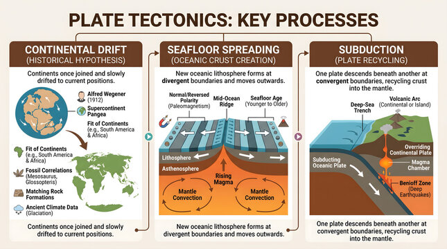 Educational infographic showing plate tectonics processes including continental drift and subduction