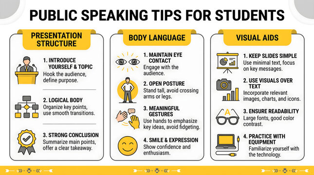 Public speaking tips infographic for students with three categories