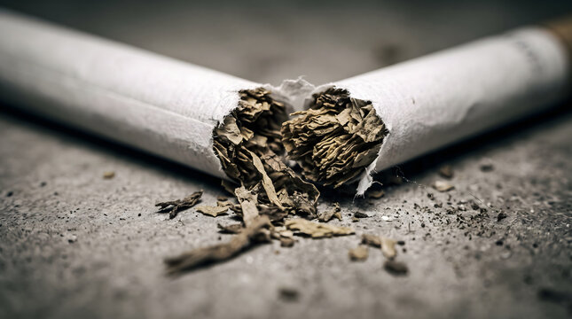 Broken cigarette with exposed tobacco on grey background