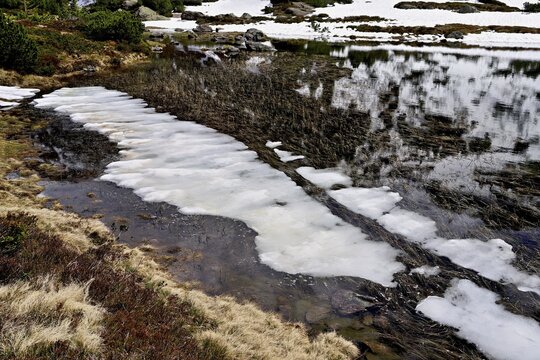 Ice floes float in the half-frozen Upper Murgsee, Murgtal, Canton of St. Gallen, Switzerland