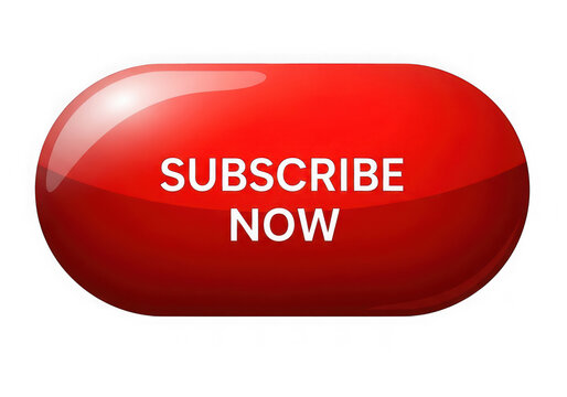 Glossy red subscribe now button isolated on transparent background for digital content creators
