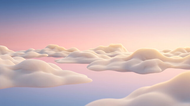 Ilustrasi 3D awan-awan bergaya minimalis yang melayang di langit sore dengan gradasi warna pastel yang tenang.
