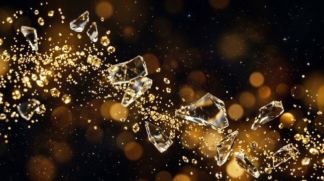 Abstract explosion of crystal shards and sparkling golden particles