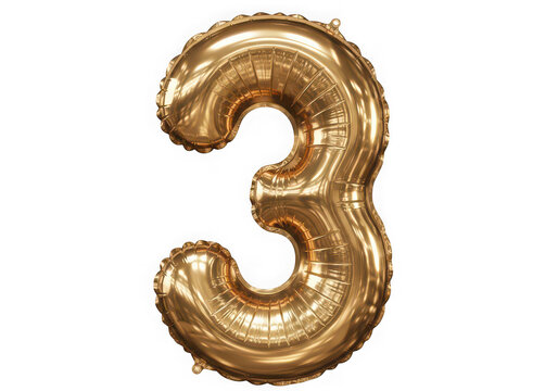 Shiny metallic gold number three balloon isolated on transparent background for anniversary celebrations