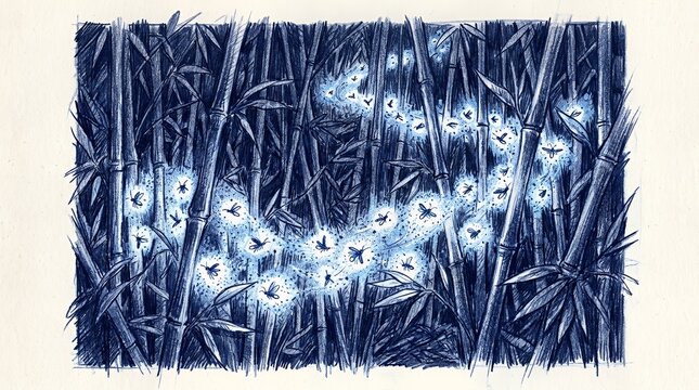 Glowing fireflies in a dark bamboo forest sketch.
