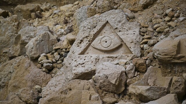 Red Beach, dream beach in the neighboring bay of Matala, stone with eye engraved in rock in pyramid shape, surrounded by sandy rocks, Matala, Neolithic caves, former hippie paradise, central south coast, Crete, Greek Islands, Greece