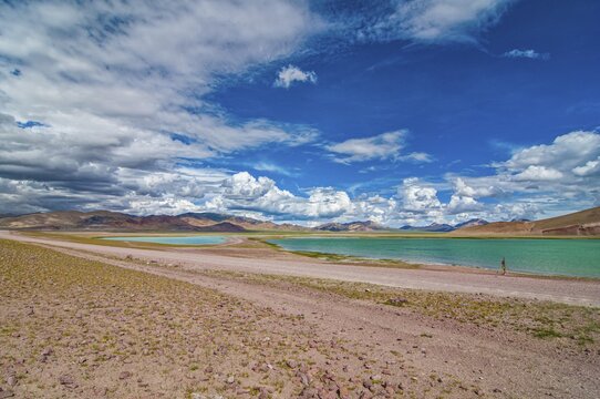 Beautiful mountain lake along the road from Ali and Gerze, Western Tibet, Asia