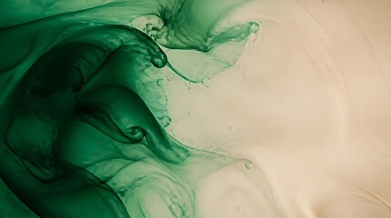 Fototapeta premium Abstract green smoke ink dispersion on beige background.