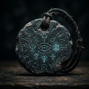 Ancient stone talisman with glowing runes. Mystical occult amulet with eye symbol.