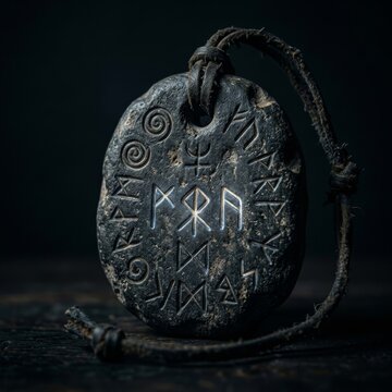 Ancient stone talisman with runes. Mystic amulet for protection and spiritual ritual.