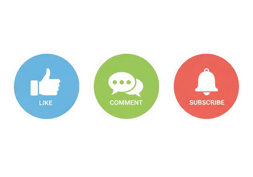 Social media buttons set with like thumbs up comment speech bubble and subscribe bell isolated on transparent background