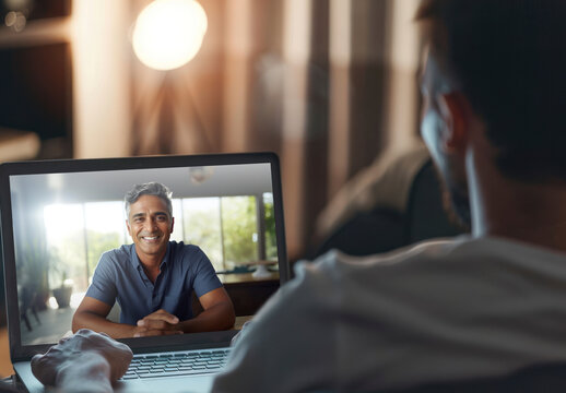 Laptop Mockup PSD With Smiling Middle Aged Asian Man In Video Call