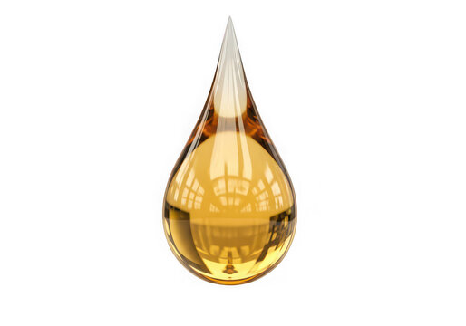 Single golden cosmetic oil droplet or serum liquid tear shape isolated on transparent background