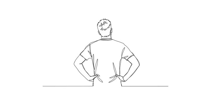 Continuous one line drawing of a man standing with hands on his hips back view