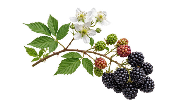 Fresh blackberry branch with ripe black berries and white flowers. Wild bramble fruit with green leaves on white background. Organic berry harvest.