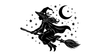 Fototapeta premium Fantasy silhouette of a winged girl with butterfly wings, flying woman icon in magical style, dark vector illustration inspired by mythical creatures, witch, pegasus and Halloween art