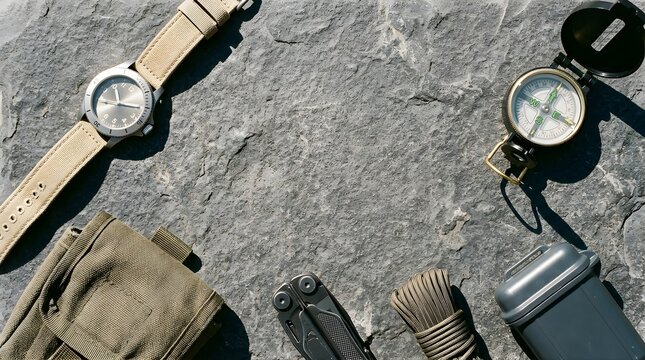 Adventure gear with watch and compass on stone background for travel
