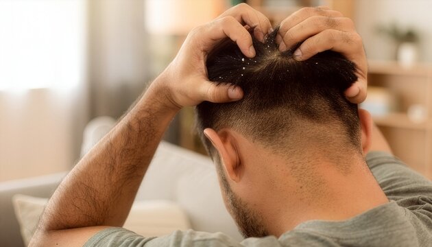 Side back composition with face completely hidden, fingers scratching the scalp, small dandruff flakes around the hair roots.