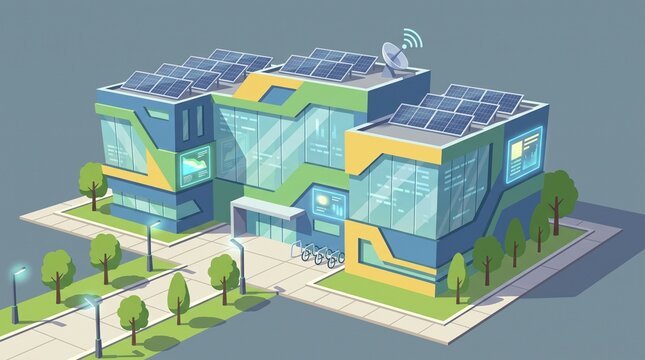 Futuristic digital school building with smart technology, solar panels and connected infrastructure, representing modern education, innovation and sustainable learning.