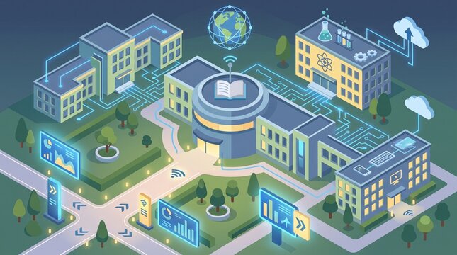 Connected digital school campus with smart academic buildings, library and computer center, representing technology integration, modern learning and educational connectivity.