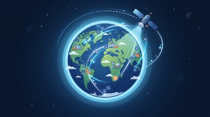 Fototapeta premium Scientific satellite connecting remote research stations around Earth through signal paths, representing global science communication, data exchange and space technology.