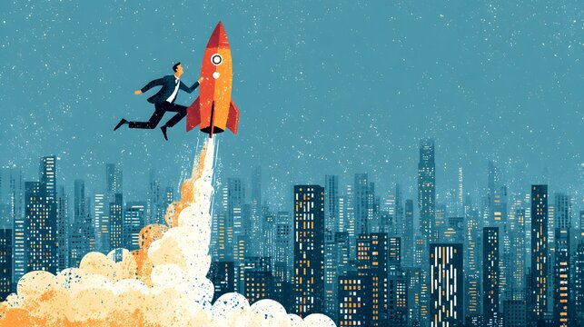 Businessman riding a launching rocket over a modern city skyline, symbolizing business growth and startup success.