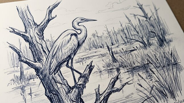 Heron bird perched on branch in swamp landscape.