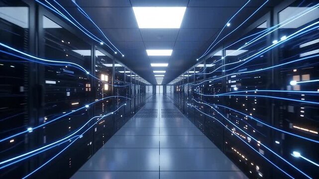 Futuristic server room with racks of equipment and flowing blue light streams symbolizing data transfer and connectivity.