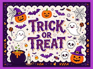 Naklejka premium Trick or Treat Halloween illustration with cute ghosts, pumpkins in hats, cauldron, and colorful candy