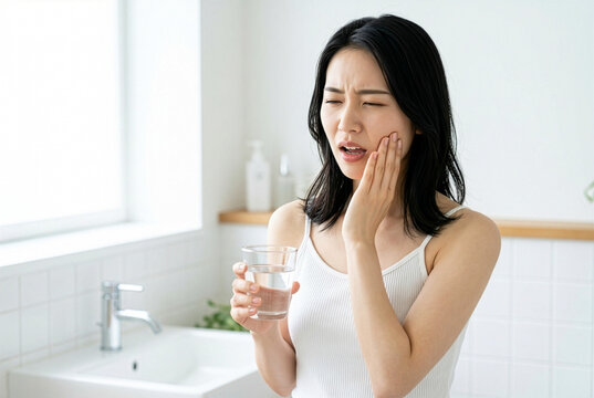 知覚過敏で冷たい水が歯にしみて頬を押さえる痛そうな表情の日本人女性｜歯痛・虫歯・オーラルケア・デンタルケアのイメージ