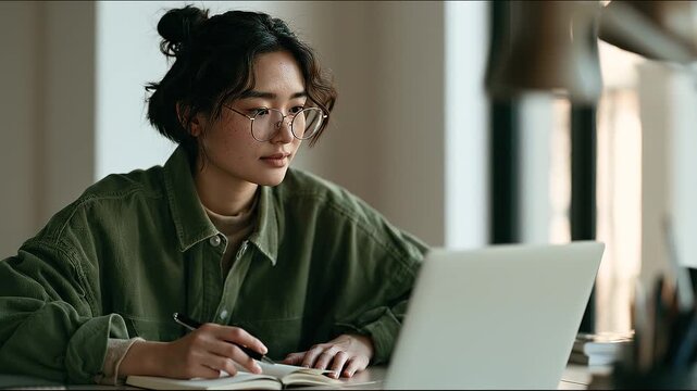 Young Asian woman studying online with laptop at home