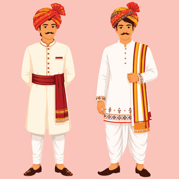 Two Traditional Maharashtrian Men Wearing White Kurta Dhoti and Colorful Pheta Turbans, Vector Illustration