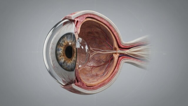 Human Eye Anatomy, Detailed Cross-Section Illustration, Medical Diagram for Education and Scientific Visualization.