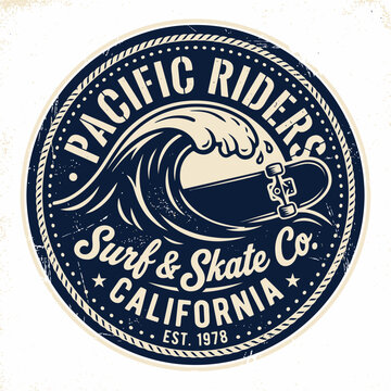Vintage California surf and skate company emblem with wave and skateboard illustration