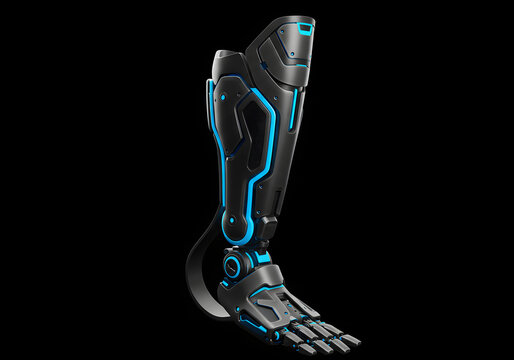 Futuristic robotic prosthetic leg with glowing blue accents on a dark background, showcasing advanced bionic technology and sleek design.