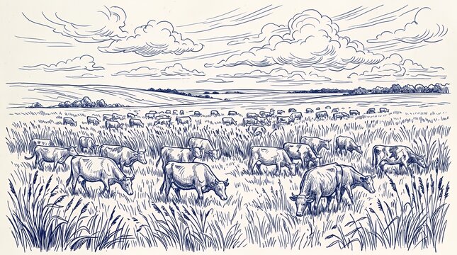 Large cattle herd in wide pasture landscape illustration.