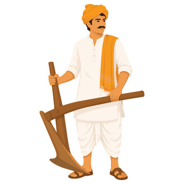 Traditional Indian Farmer Wearing White Dhoti Kurta and Turban with Wooden Plough, Vector Illustration